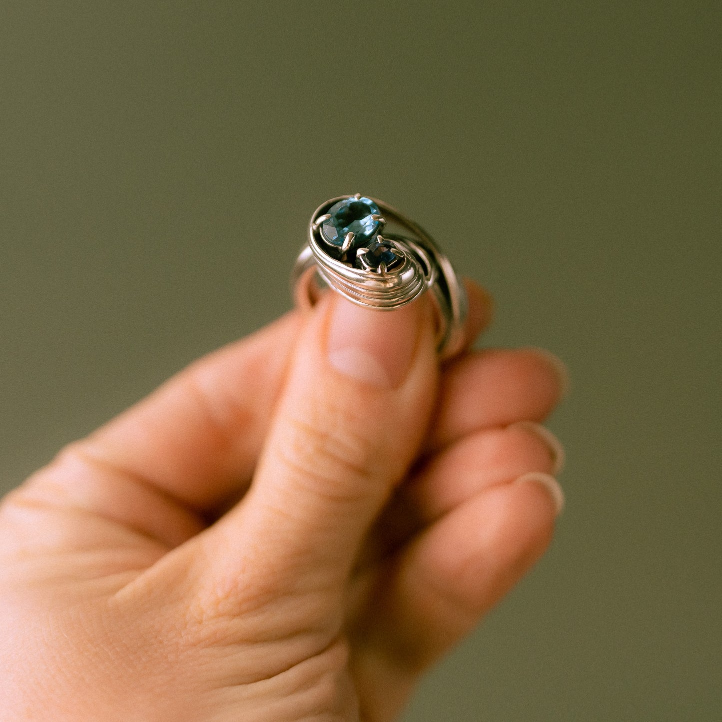 One of a Kind Drift Sterling Silver Ring with Swiss Blue Topaz and Sapphire - Size S