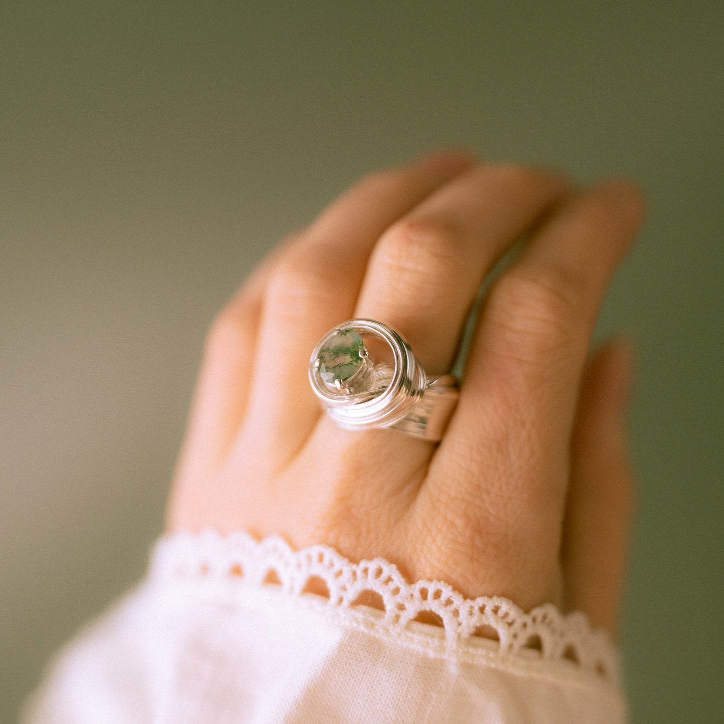 One of a Kind Drift Sterling Silver Ring with Moss Agate - Size L