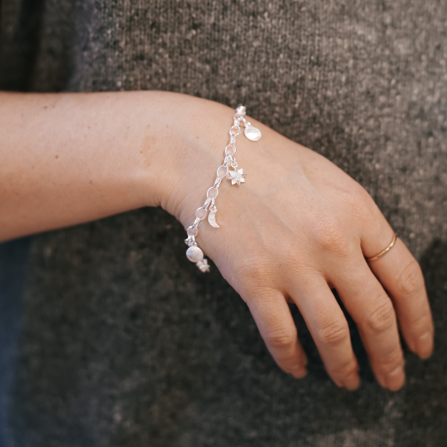 Dark Skies Moon and Stars Sterling Silver Charm Bracelet