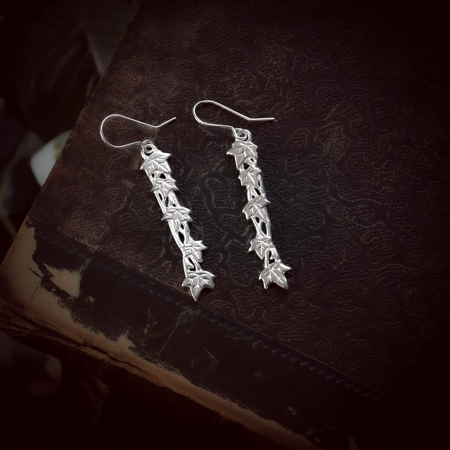 Ivy Vine and Leaf Long Silver Dangle Earrings