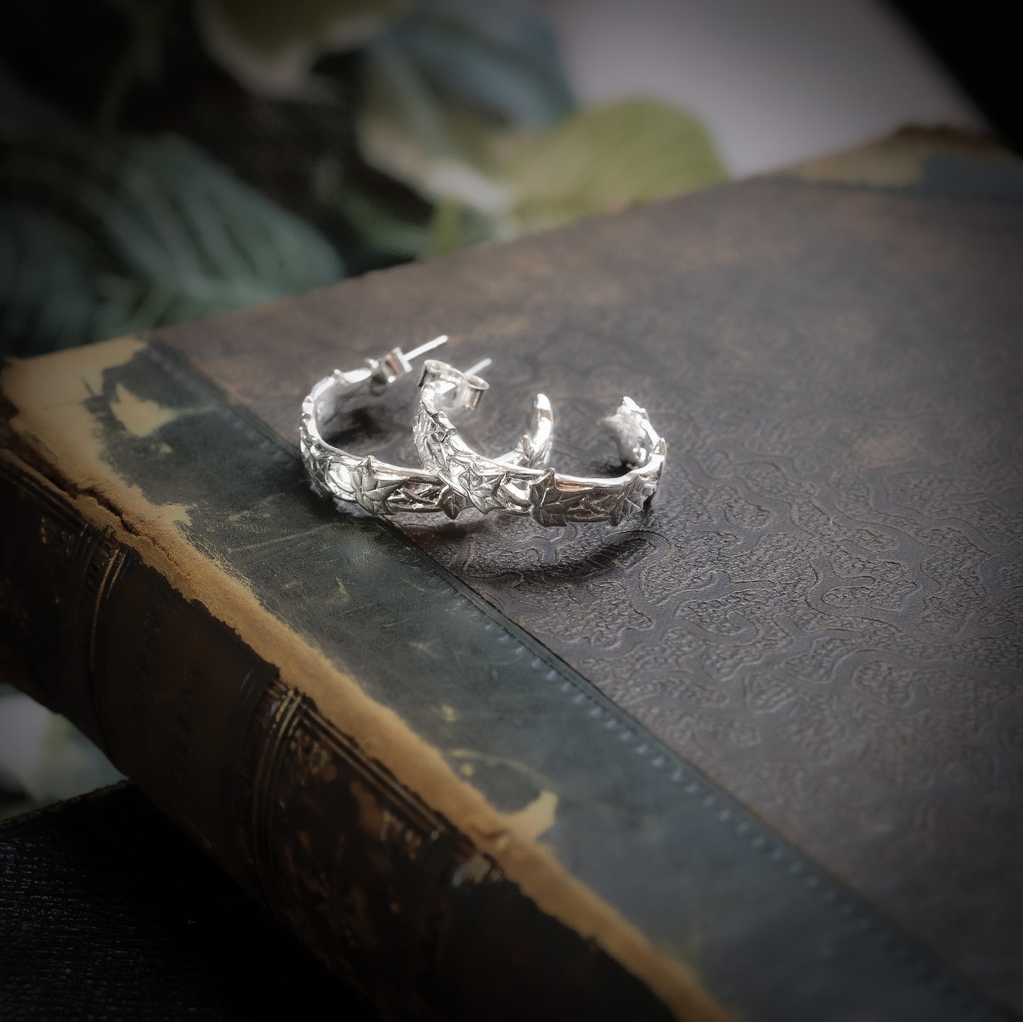 Ivy Vine and Ivy Leaf Silver Hoop Earrings