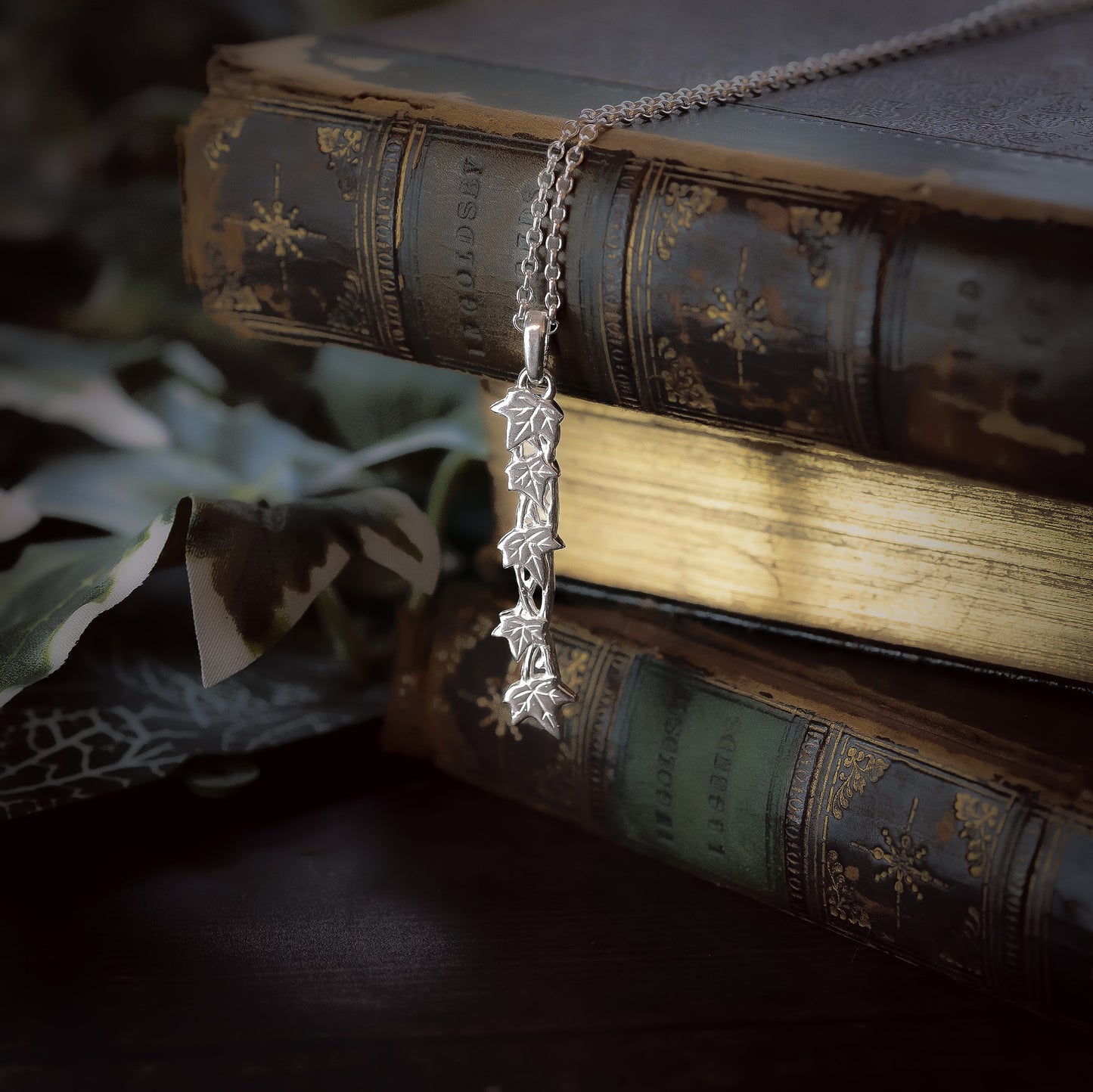 Ivy Vine and Leaf Long Silver Pendant Necklace