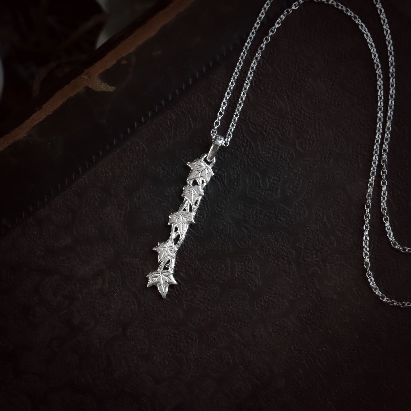 Ivy Vine and Leaf Long Silver Pendant Necklace