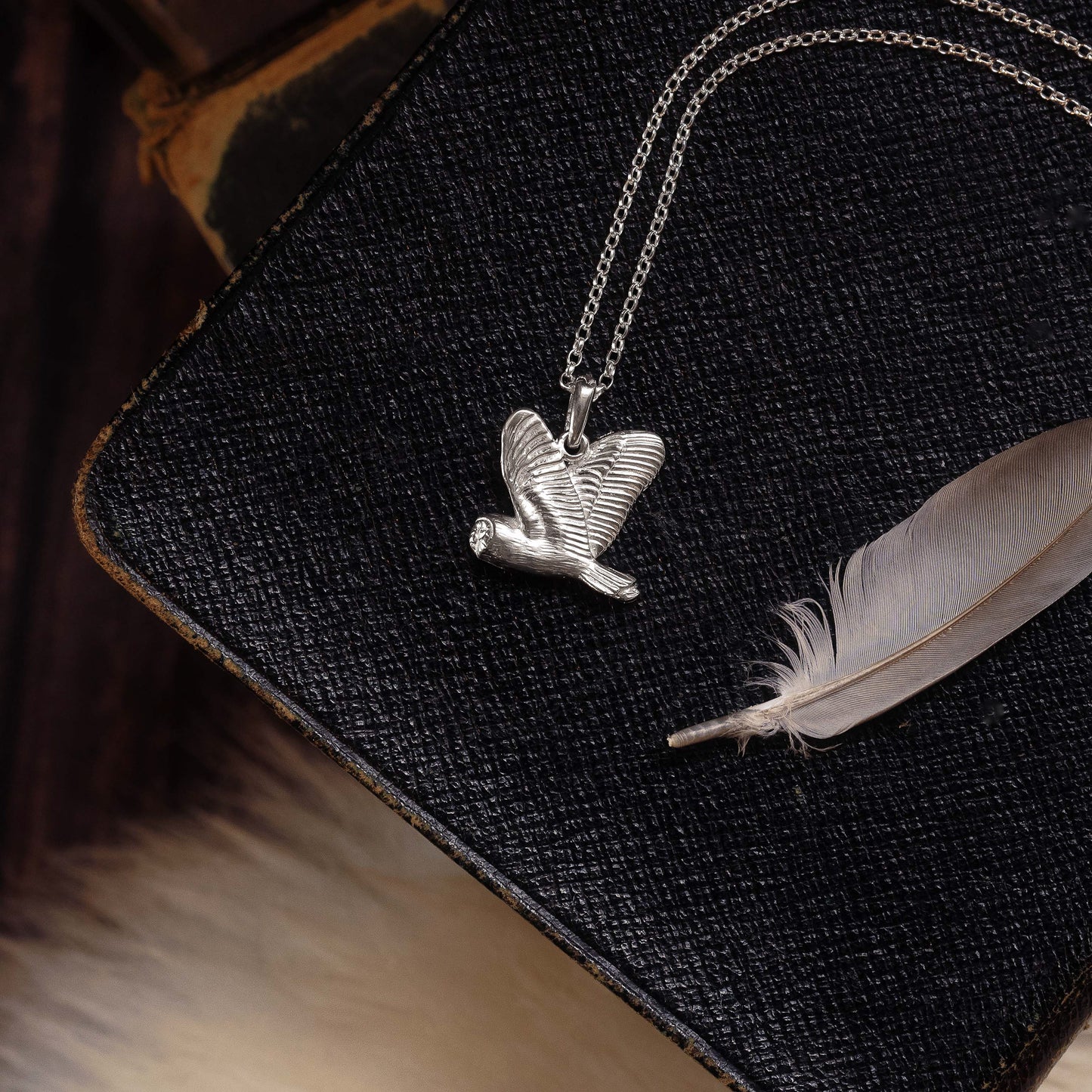 Flying Barn Owl Sterling Silver Necklace