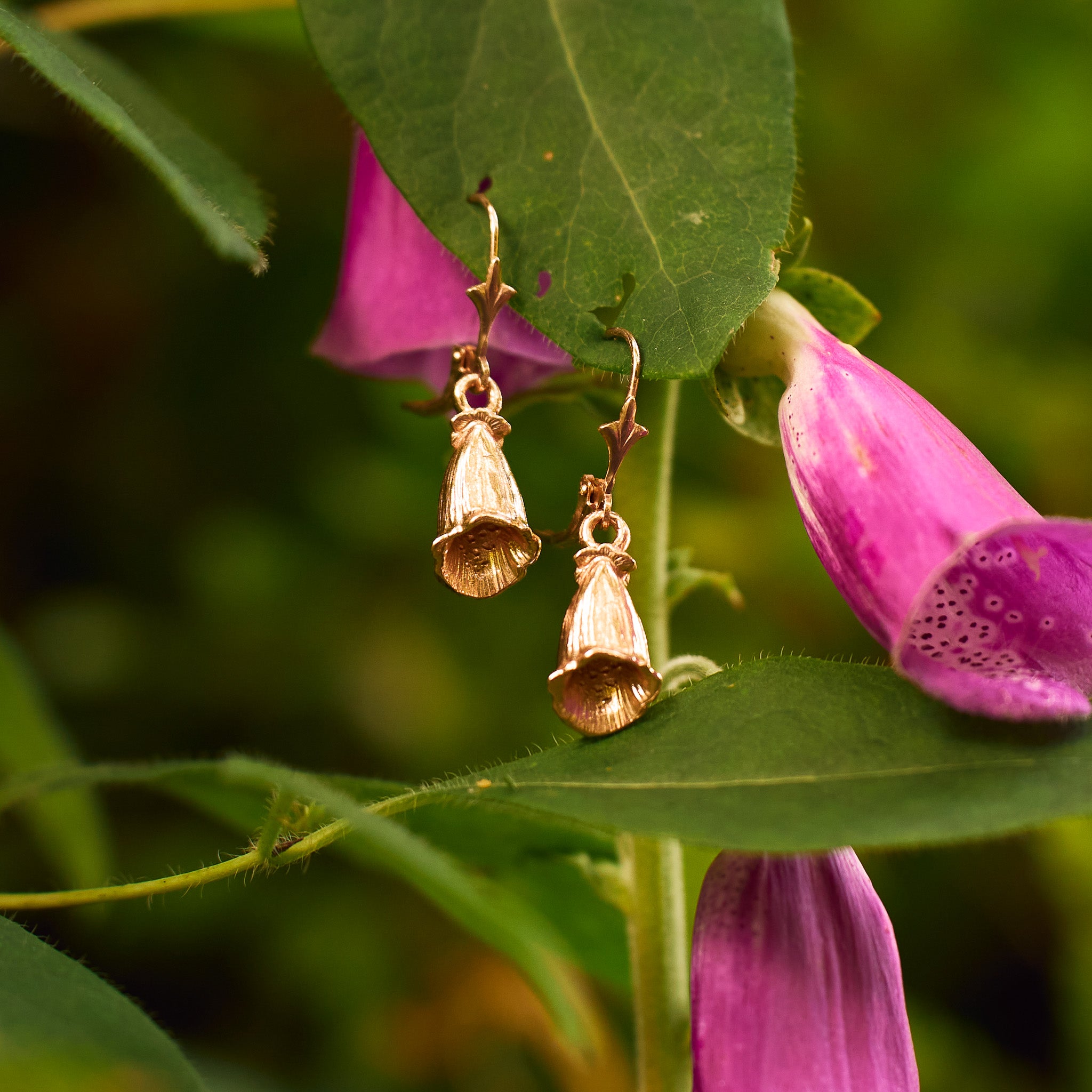 Rose Gold Foxglove Flower Small Silver Dangle Earrings