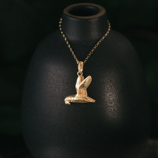 Gold Flying Puffin with Fish Pendant Necklace