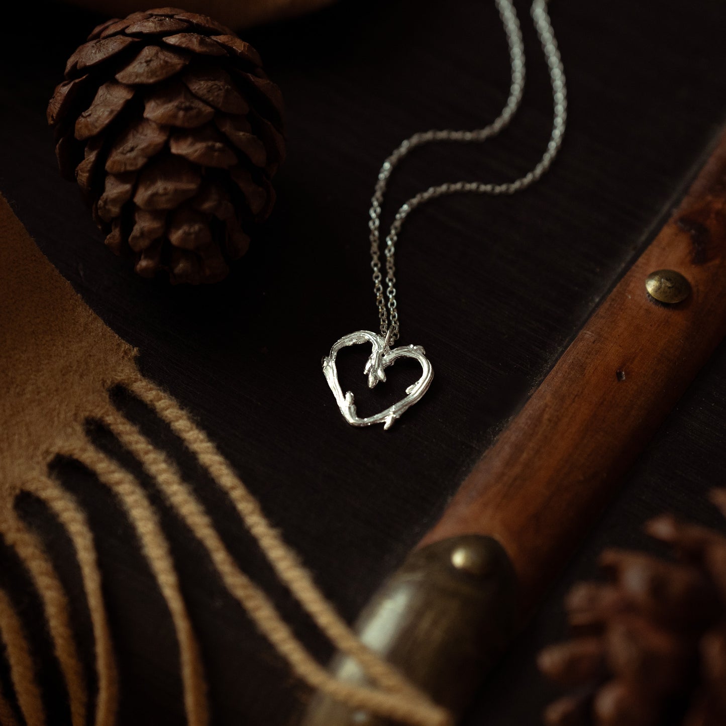 Silver Oak Twig Heart Necklace