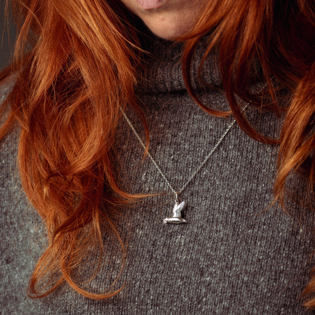 Gold Flying Puffin with Fish Pendant Necklace