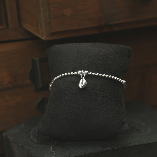 Cowrie Shell Charm Sterling Silver Stretch Bracelet