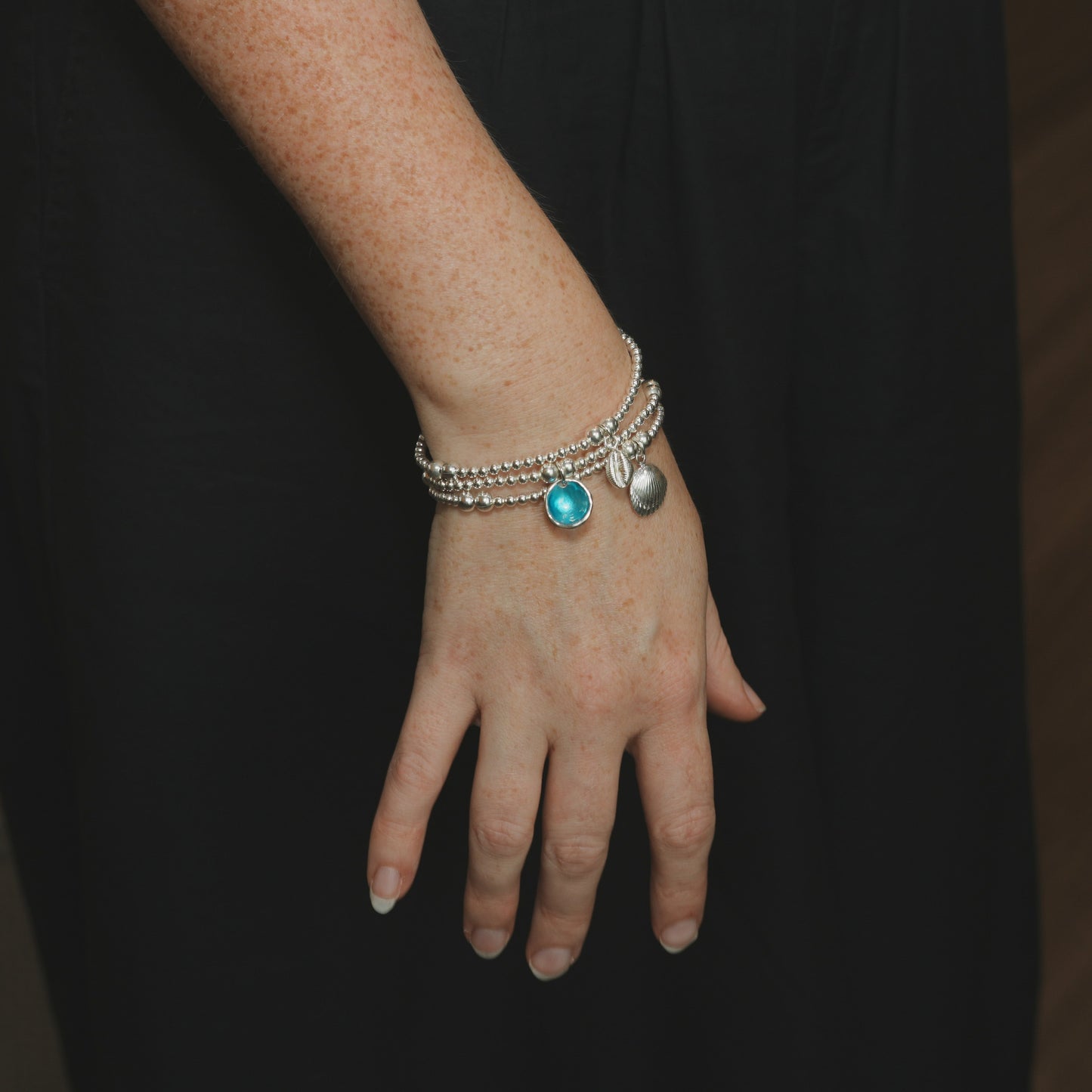 Cowrie Shell Charm Sterling Silver Stretch Bracelet