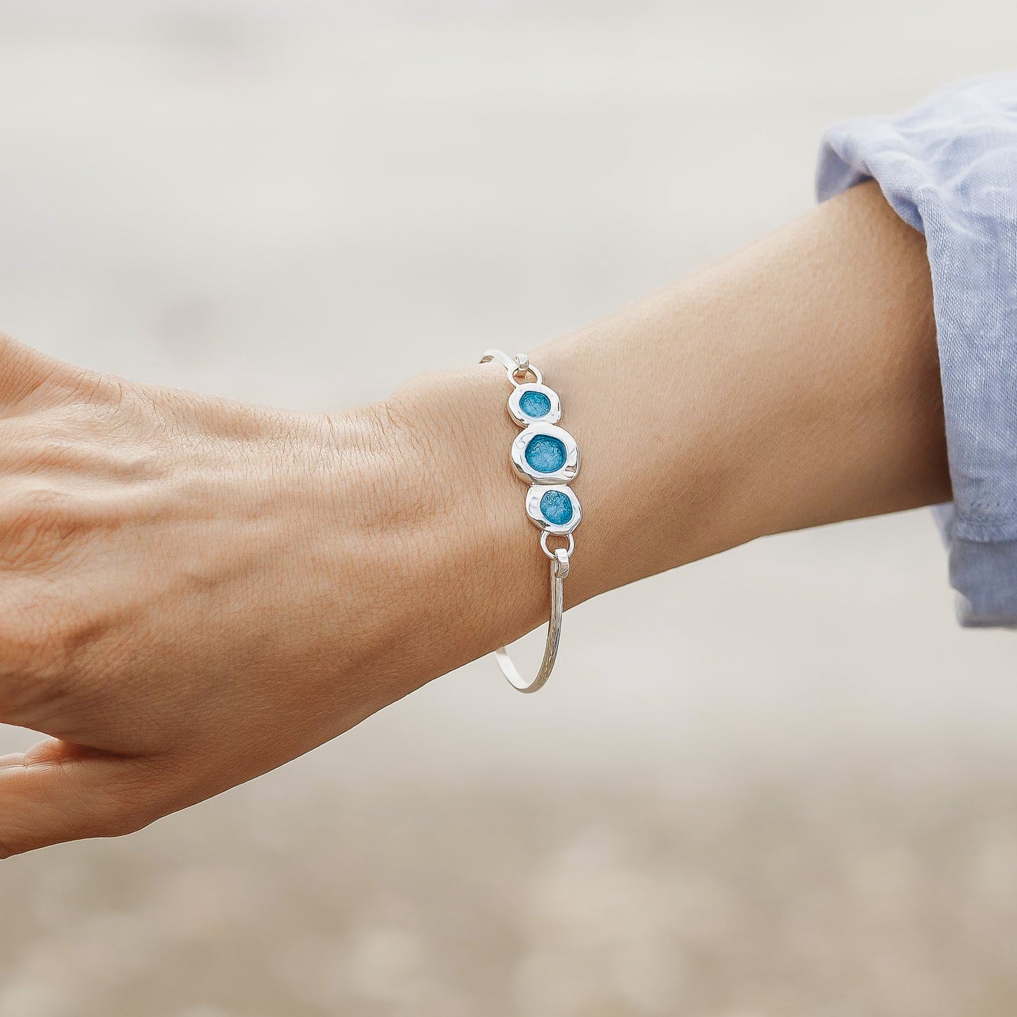 Tidepool Hinged Bangle with Blue Enamel and Swiss Blue Topaz