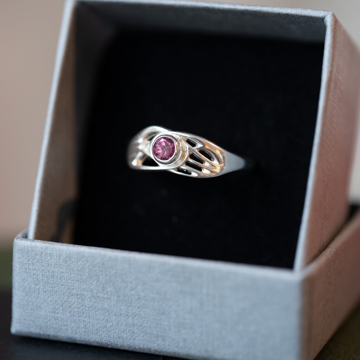 Silver Gemstone Roots Ring - Rhodolite Garnet - End of Line