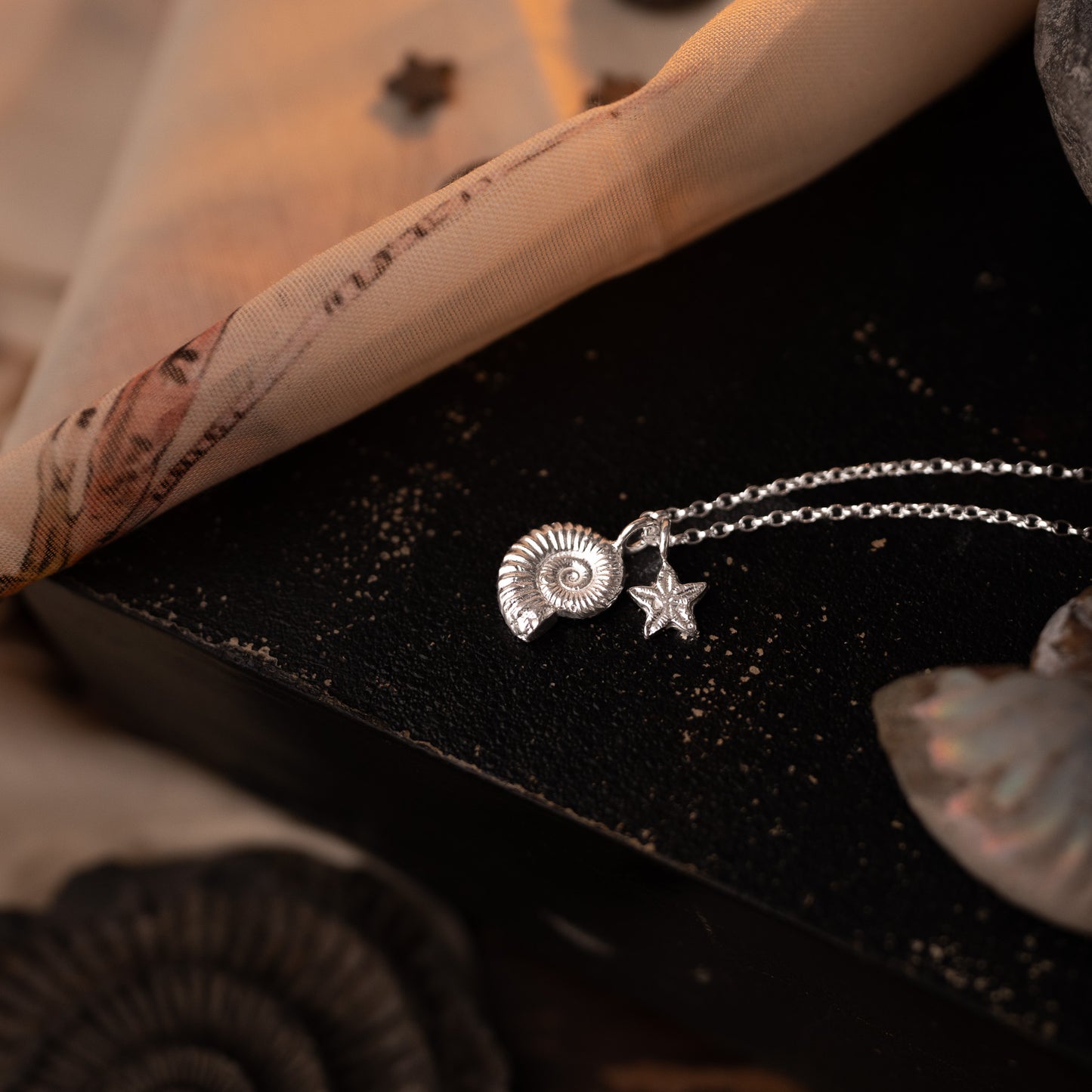 Sterling Silver Ammonite and Crinoid Fossil Charm Necklace