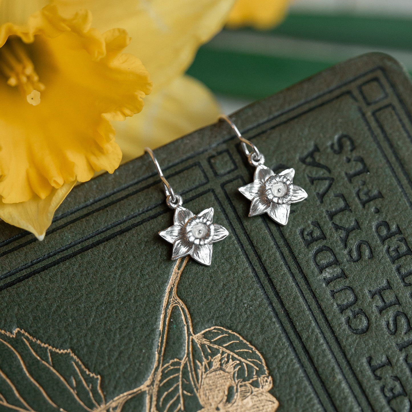 Silver Daffodil Dangle Earrings