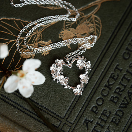 Apple Blossom Silver Twig Heart Necklace