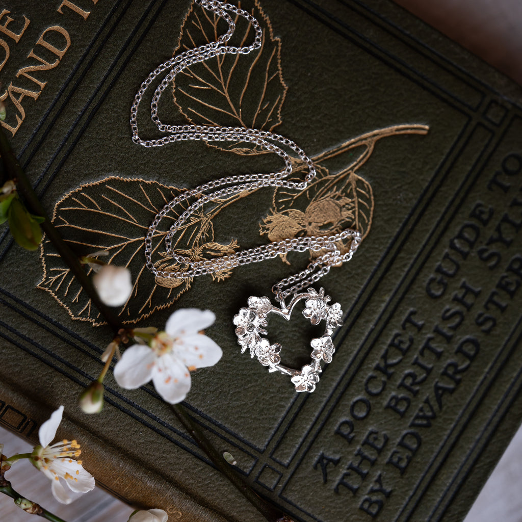 Apple Blossom Silver Twig Heart Necklace