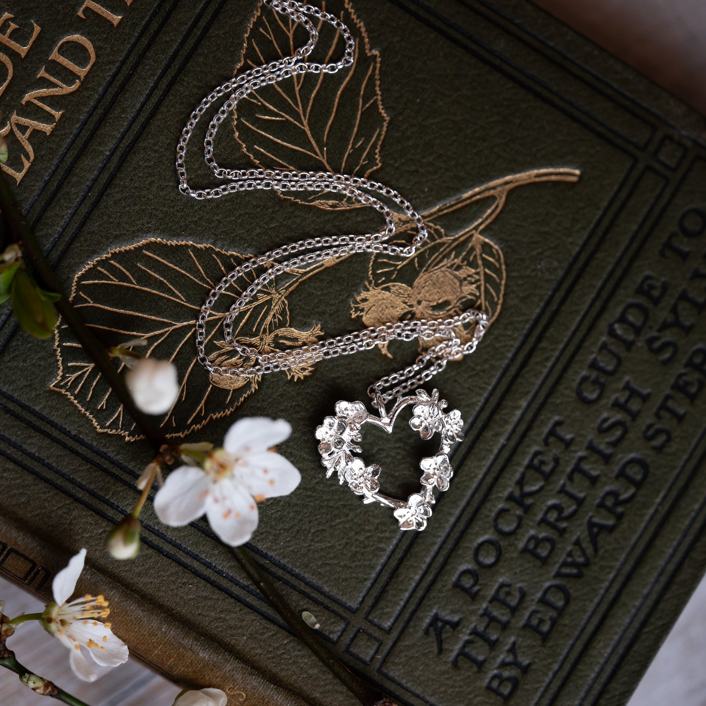 Apple Blossom Silver Twig Heart Necklace