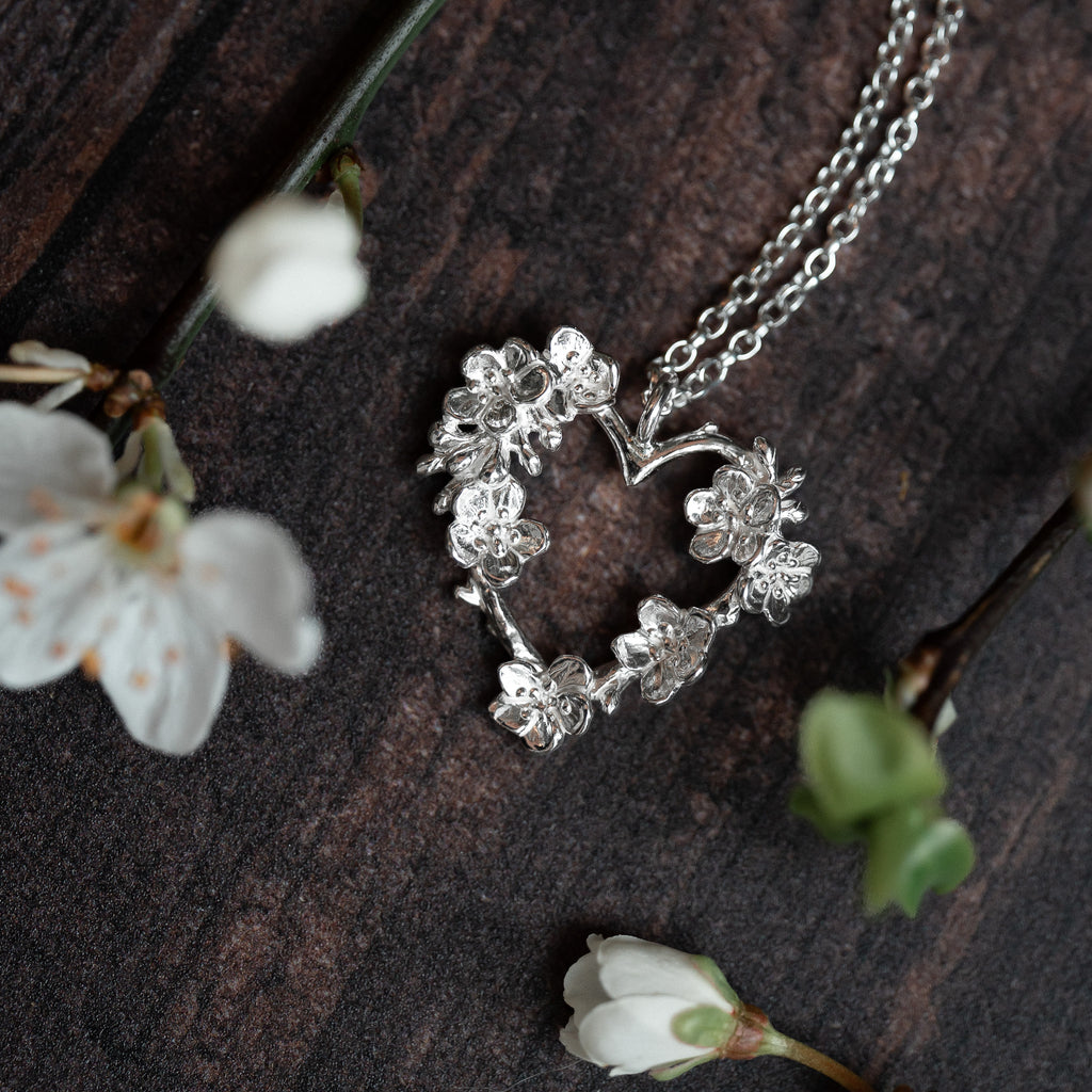 Apple Blossom Silver Twig Heart Necklace