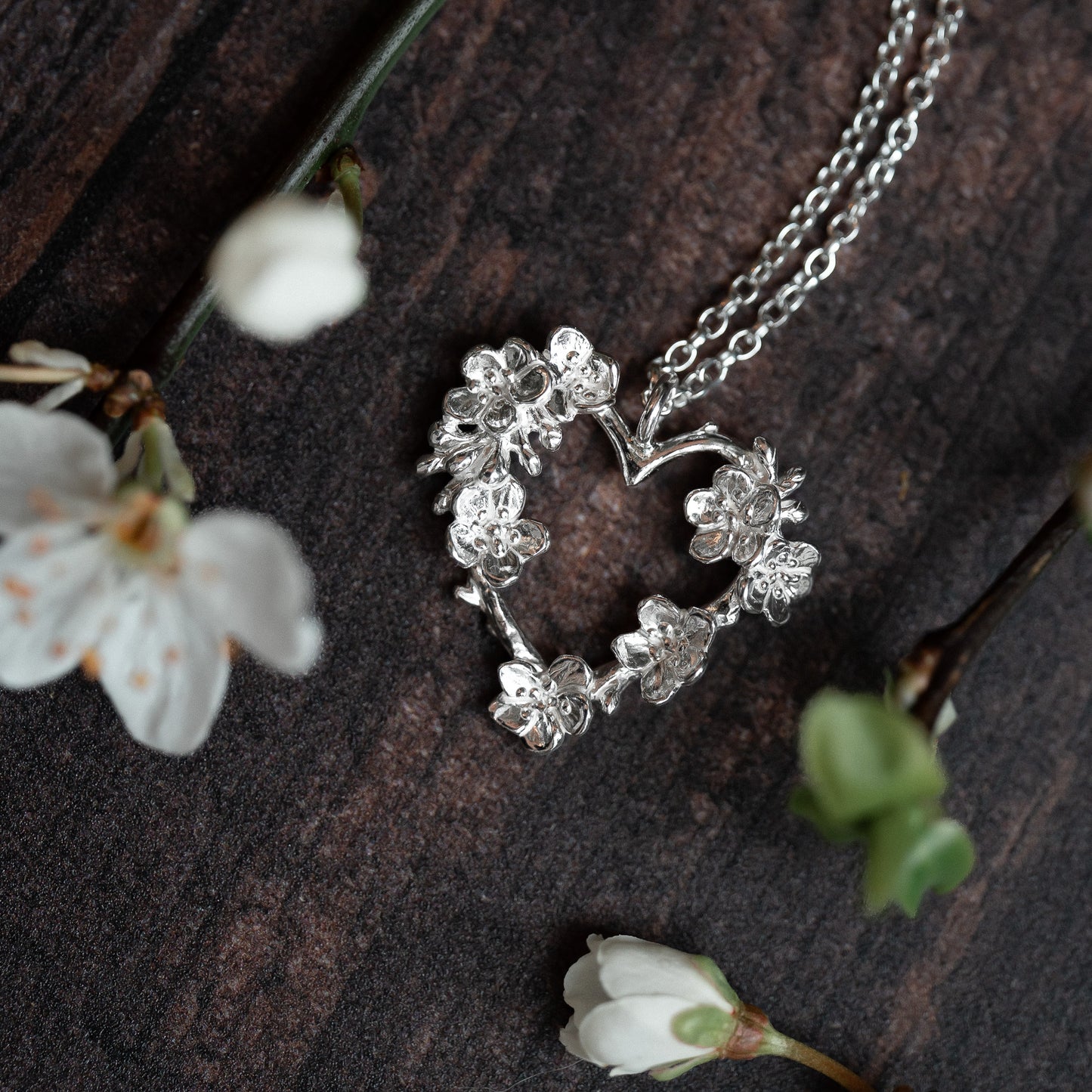 Apple Blossom Silver Twig Heart Necklace