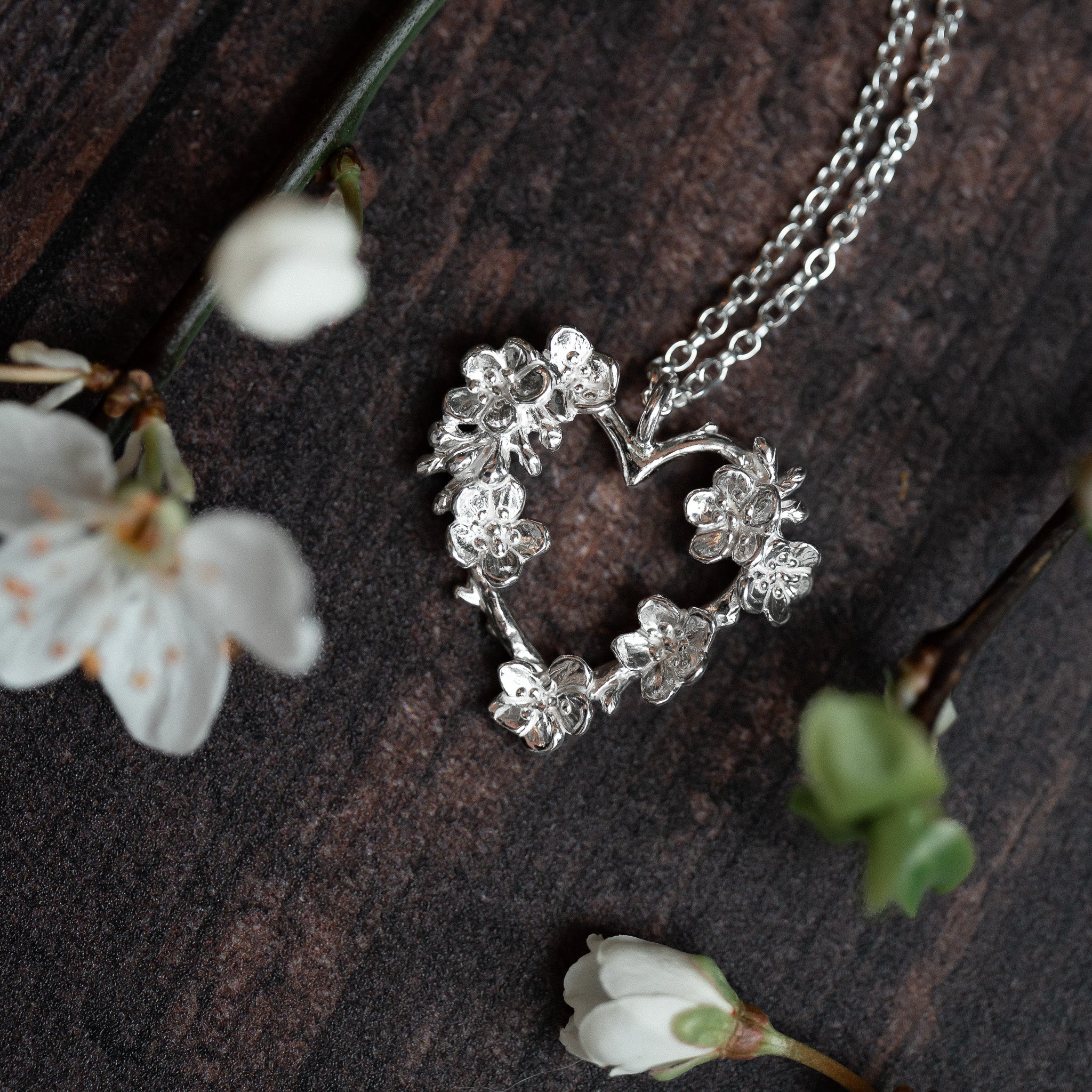 Apple Blossom Silver Twig Heart Necklace