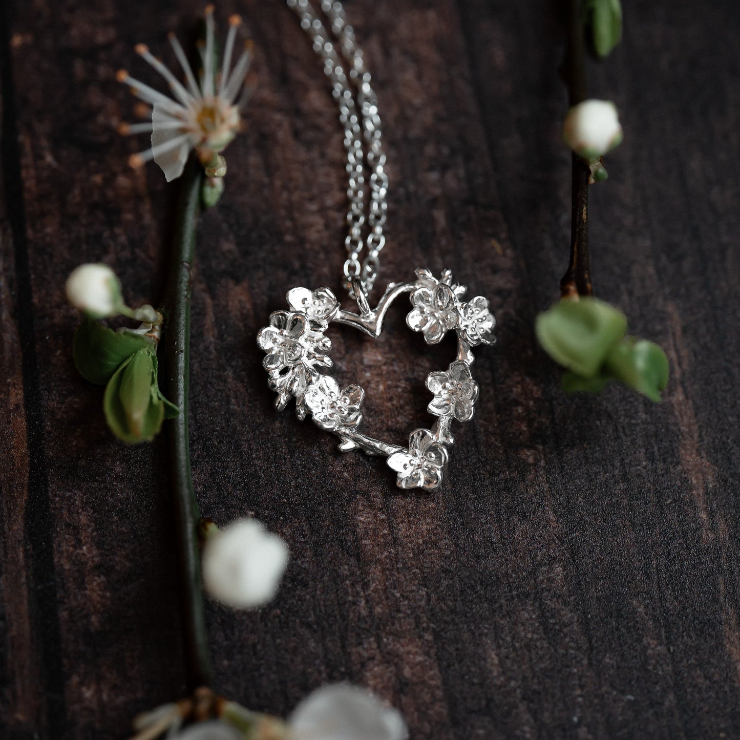 Apple Blossom Silver Twig Heart Necklace