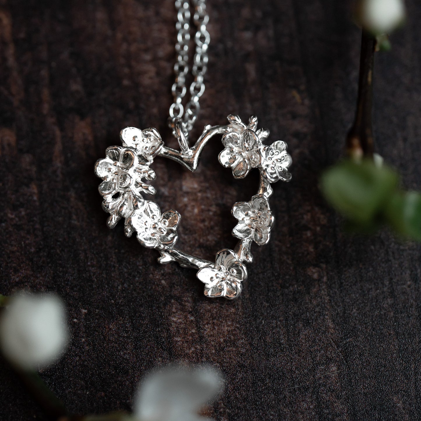 Apple Blossom Silver Twig Heart Necklace
