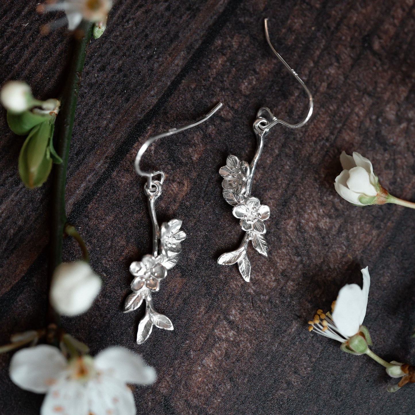 Apple Blossom Silver Twig Earrings