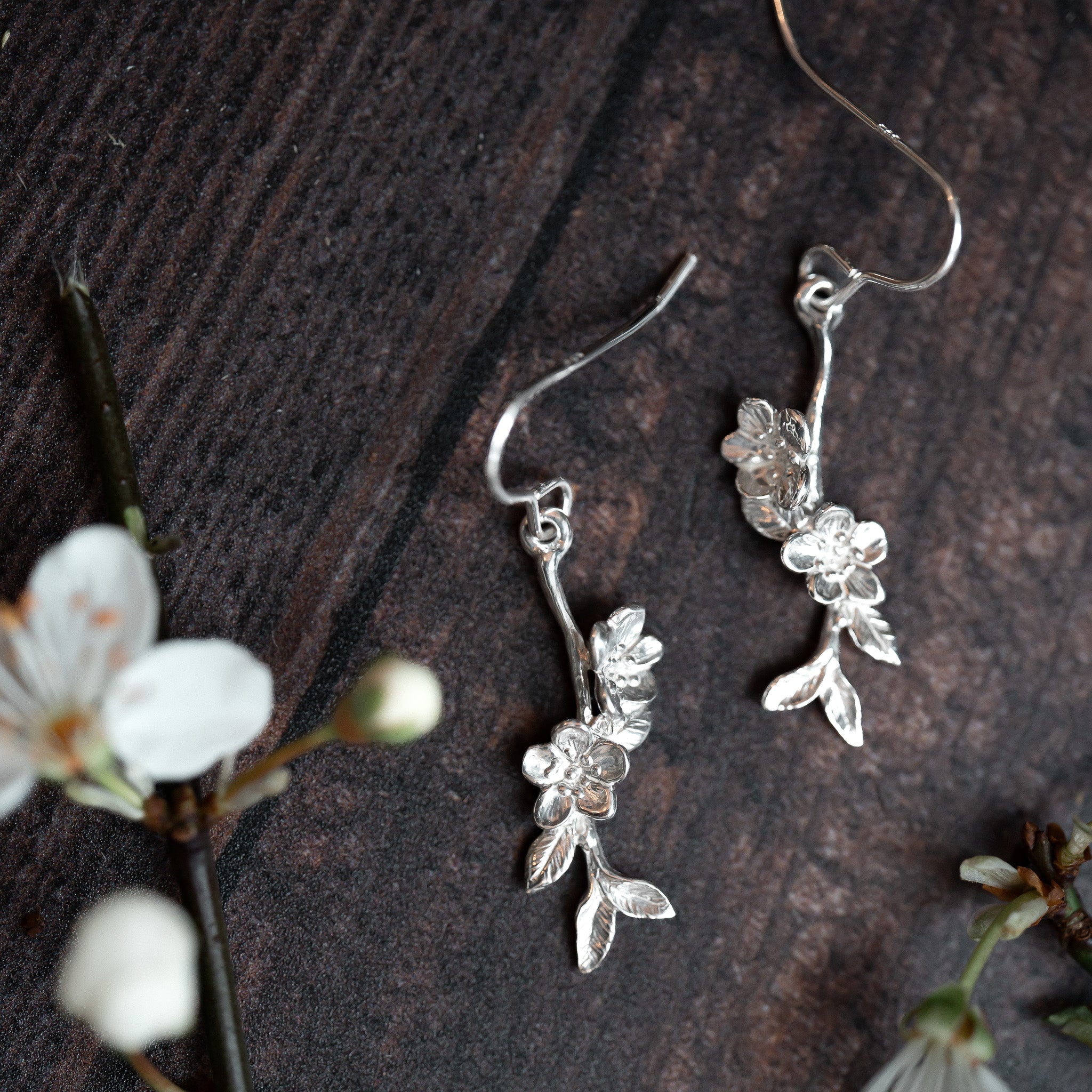 Apple Blossom Silver Twig Earrings