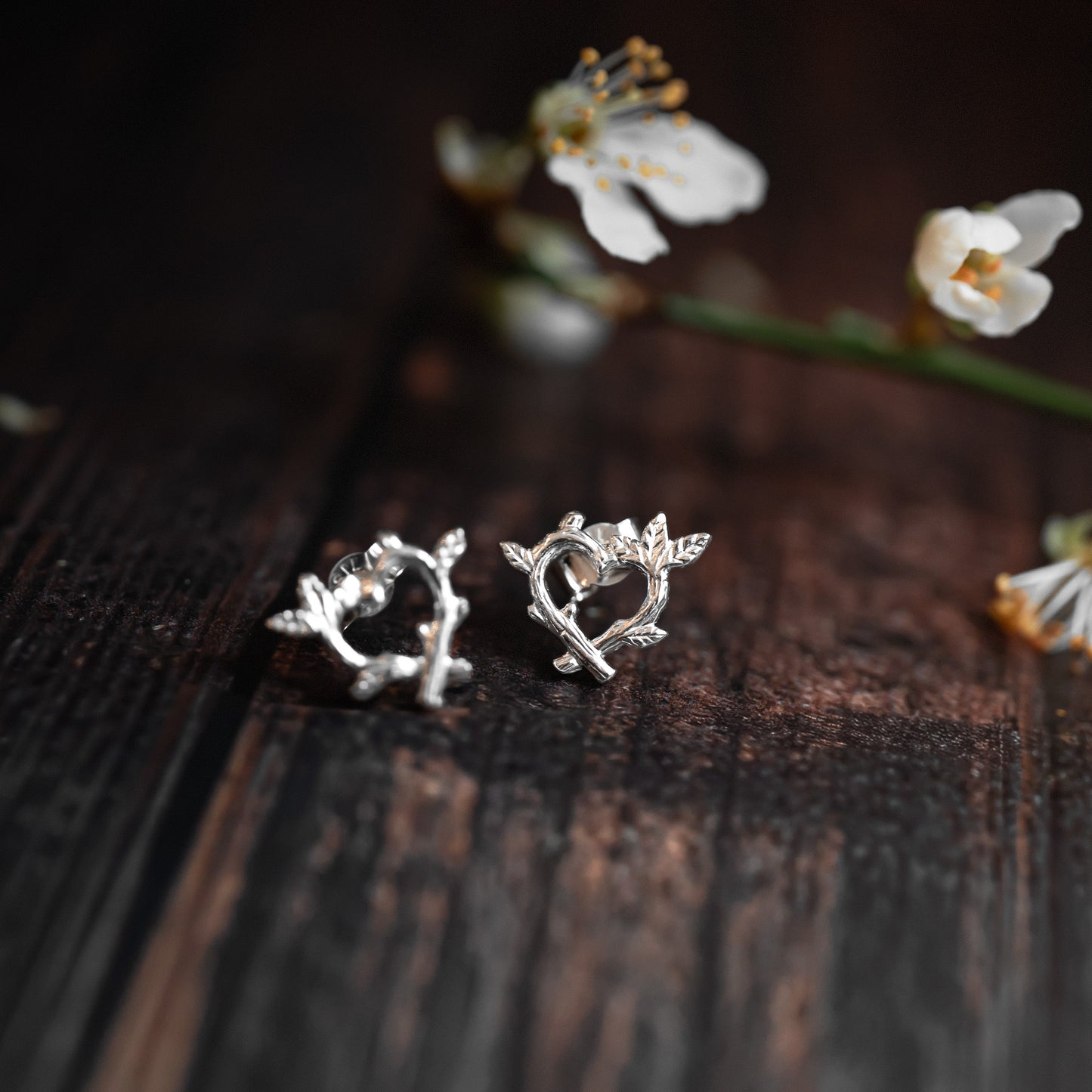 Silver Woodland Twig Heart Earrings