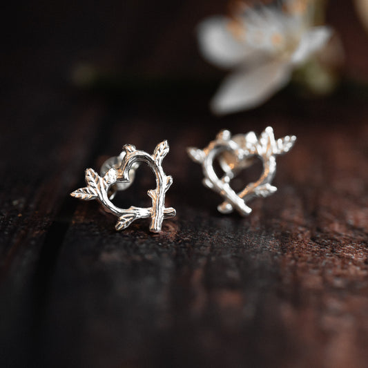 Silver Woodland Twig Heart Earrings