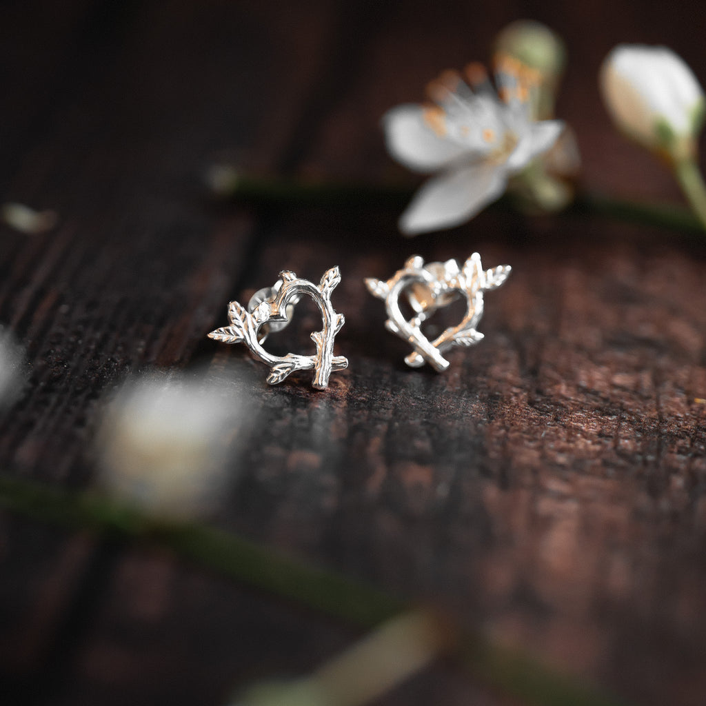 Silver Woodland Twig Heart Earrings