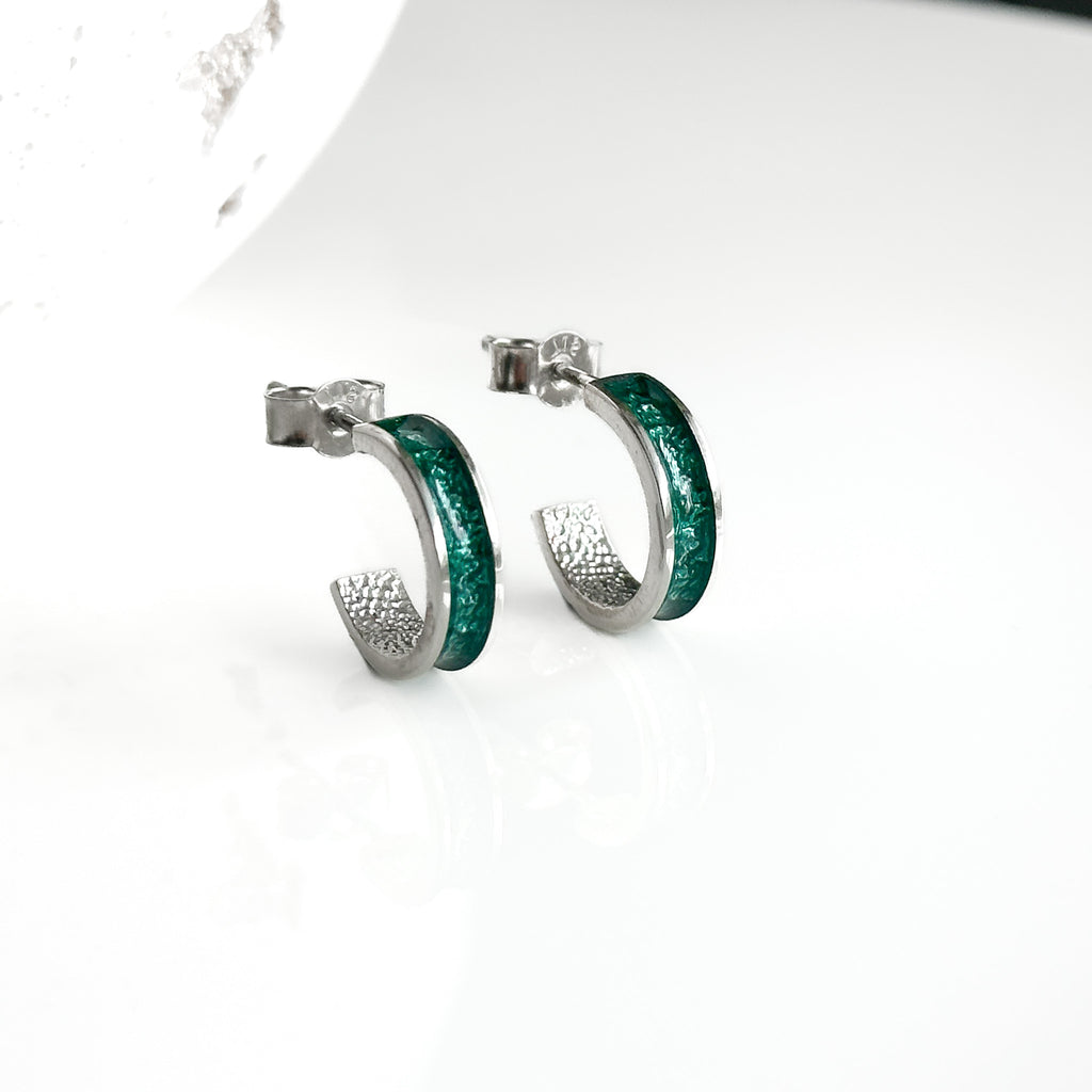 Jörð  - Bifröst Silver Enamel Hoop Earrings (Forest Green)