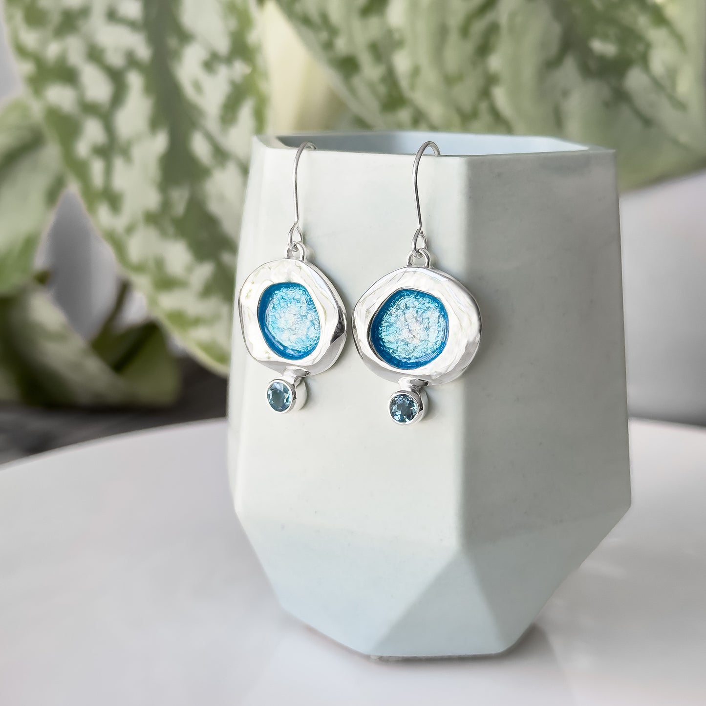 Silver 'Tidepool' Earrings with Blue Enamel and Blue Topaz