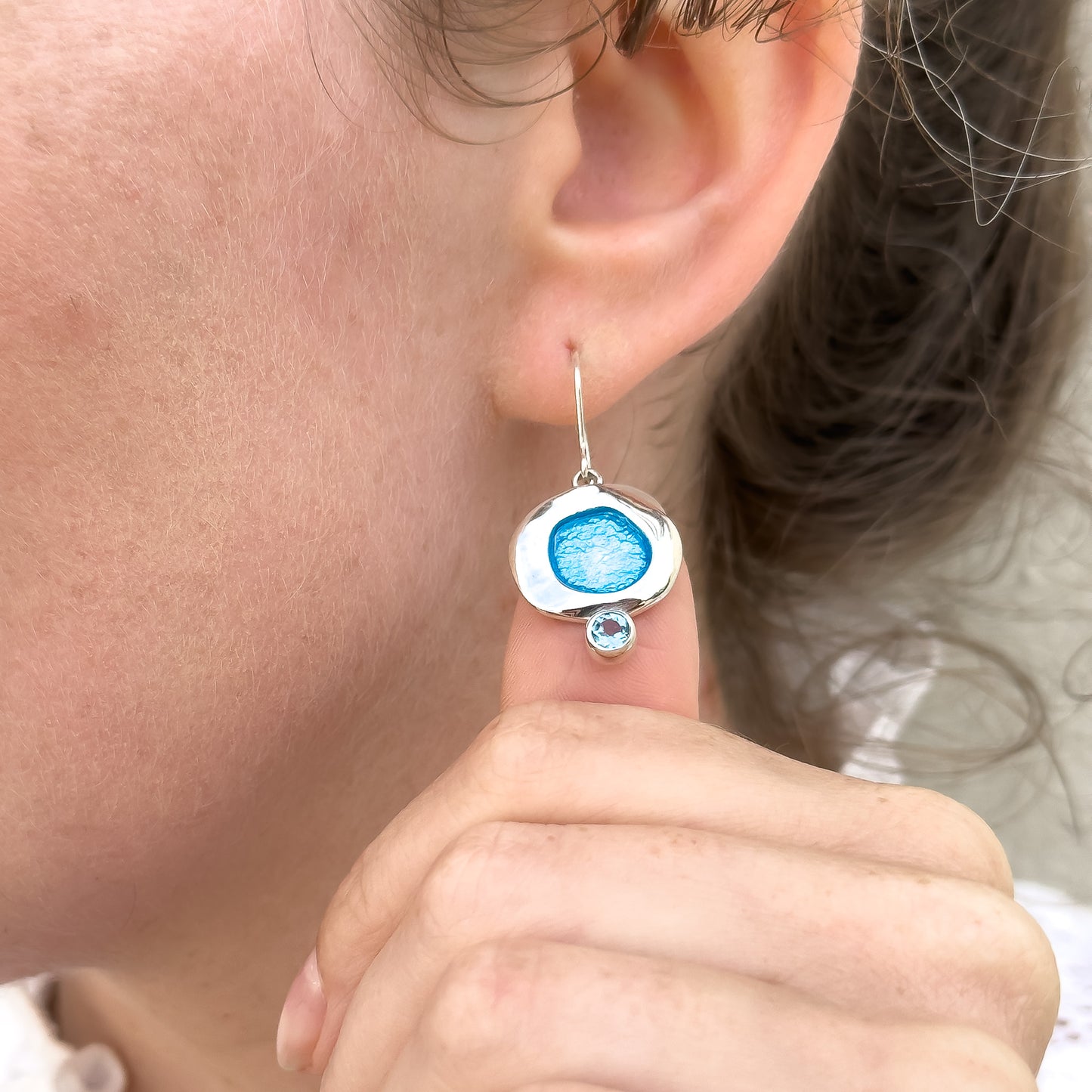 Silver 'Tidepool' Earrings with Blue Enamel and Blue Topaz