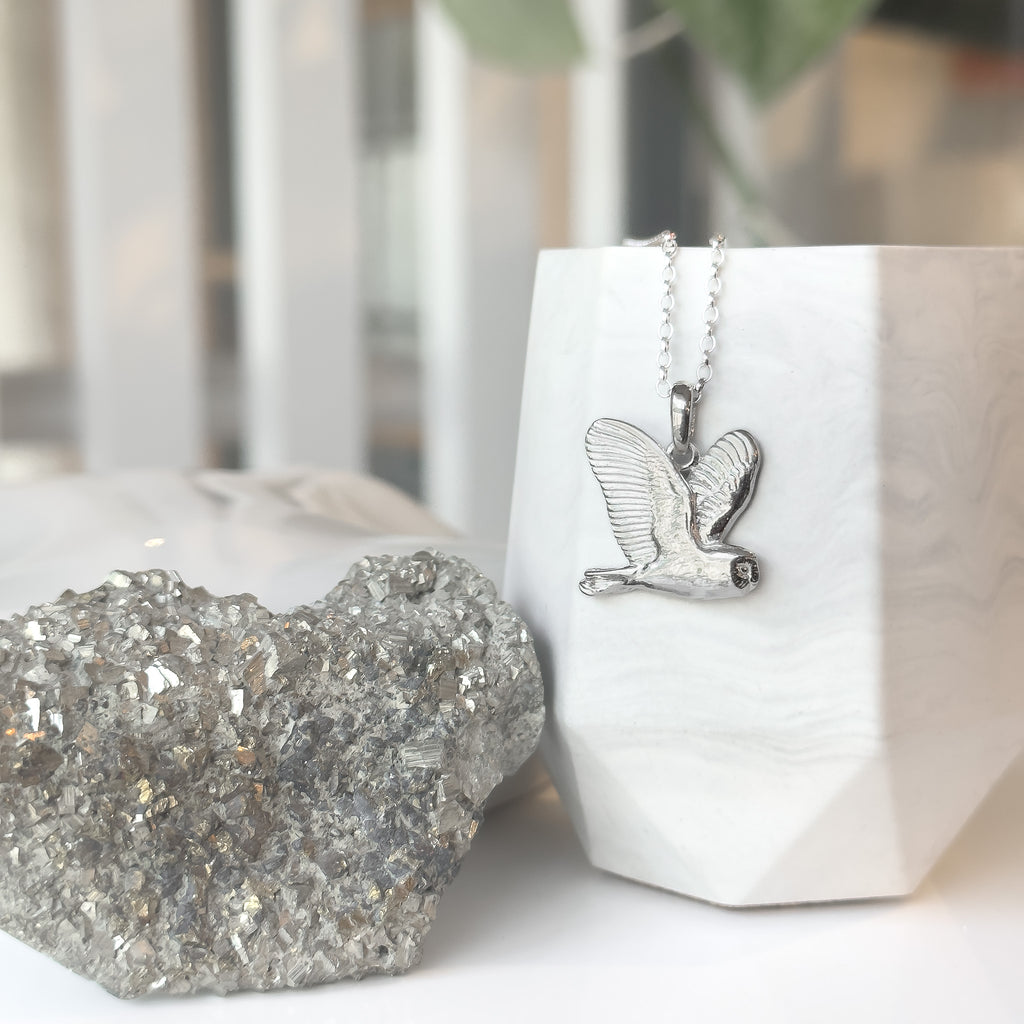 Flying Barn Owl Sterling Silver Necklace