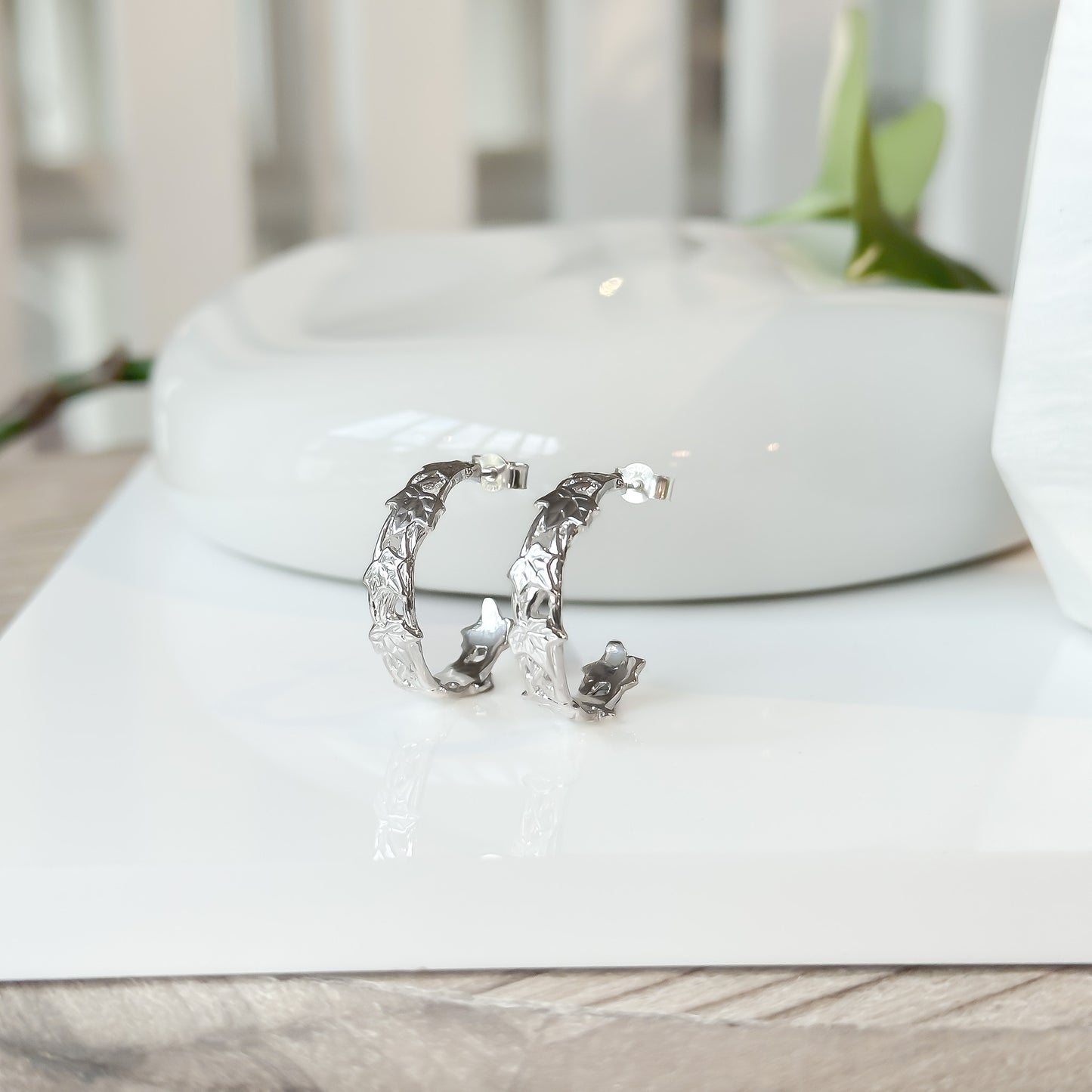 Ivy Vine and Ivy Leaf Silver Hoop Earrings