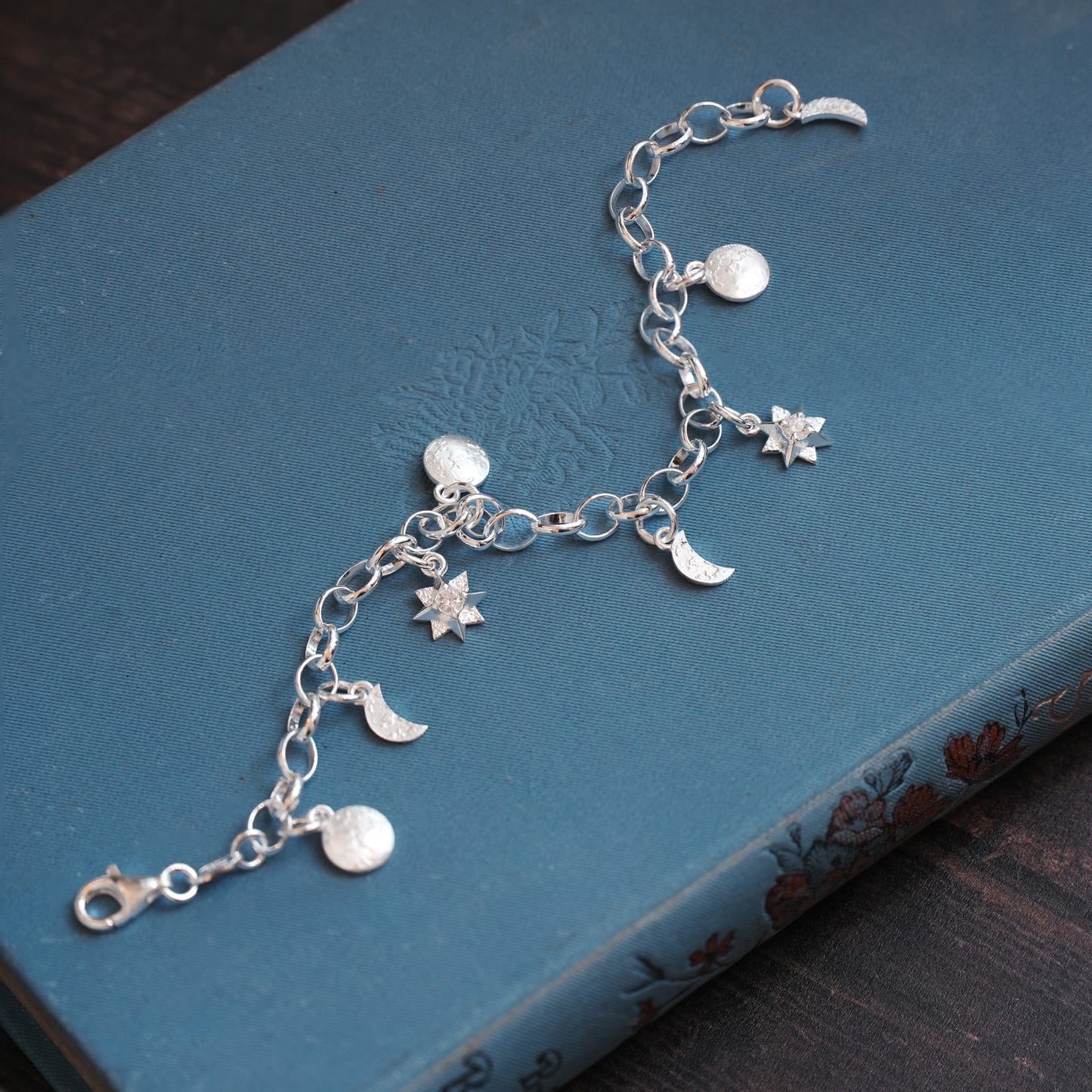 Dark Skies Moon and Stars Sterling Silver Charm Bracelet