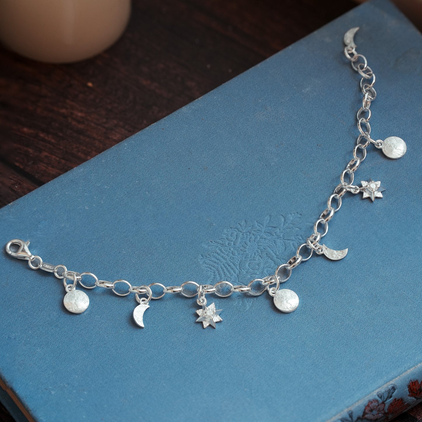Dark Skies Moon and Stars Sterling Silver Charm Bracelet
