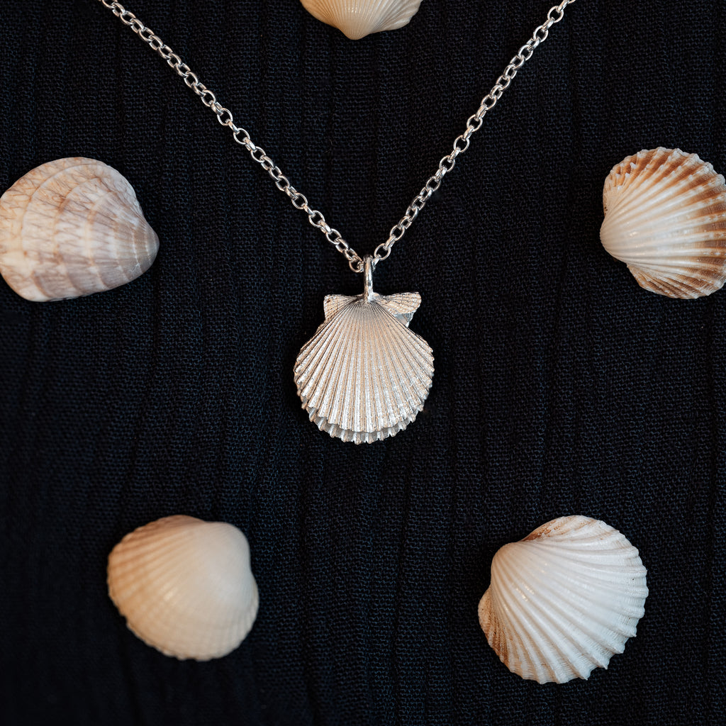 Silver Double Scallop Shell Necklace with Freshwater Pearl