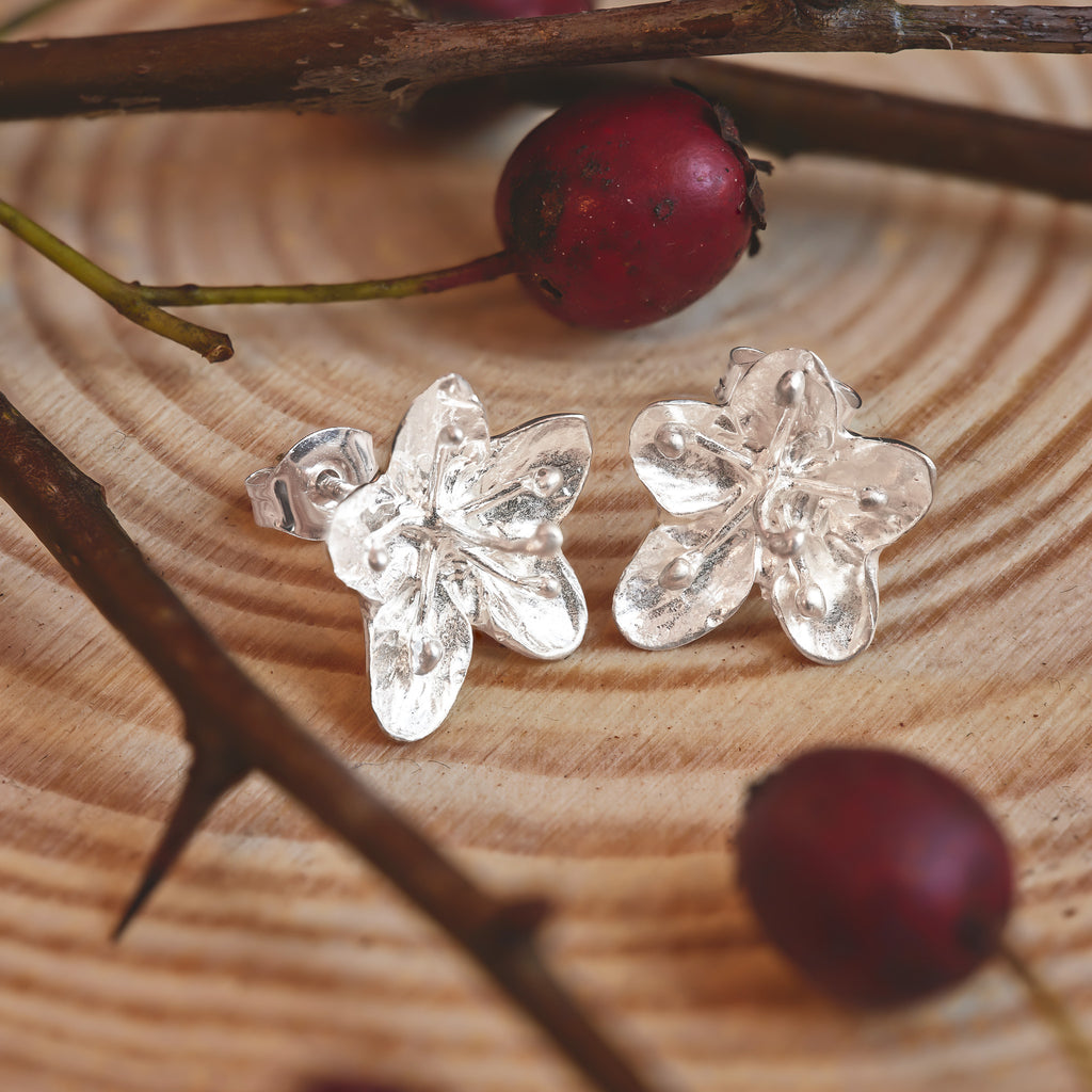 Hawthorn Flower Silver Stud Earrings