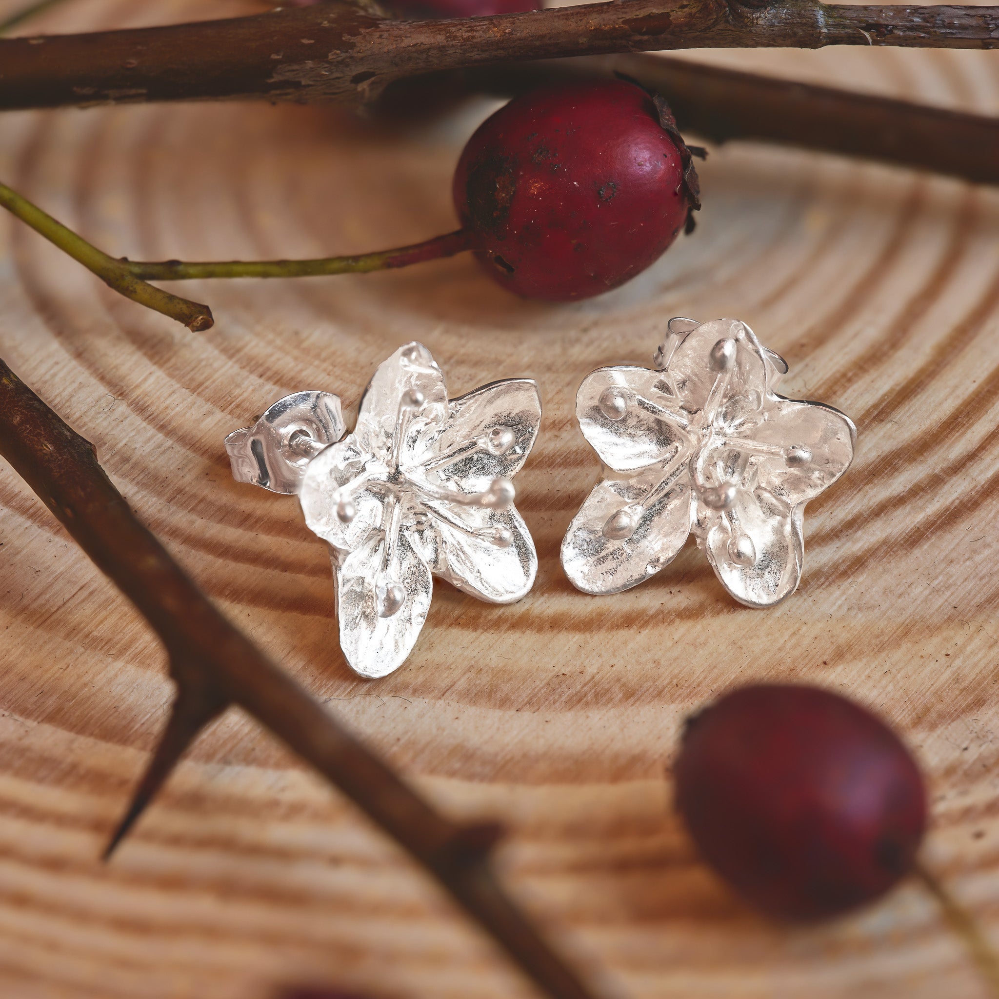Hawthorn Flower Silver Stud Earrings