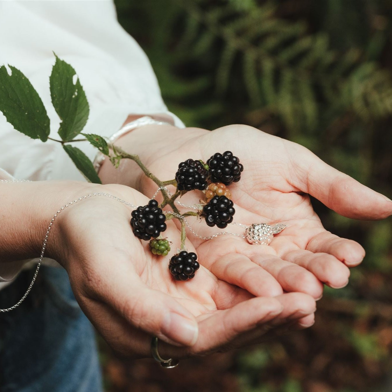 Sterling Silver Blackberry and Leaf Charm Necklace