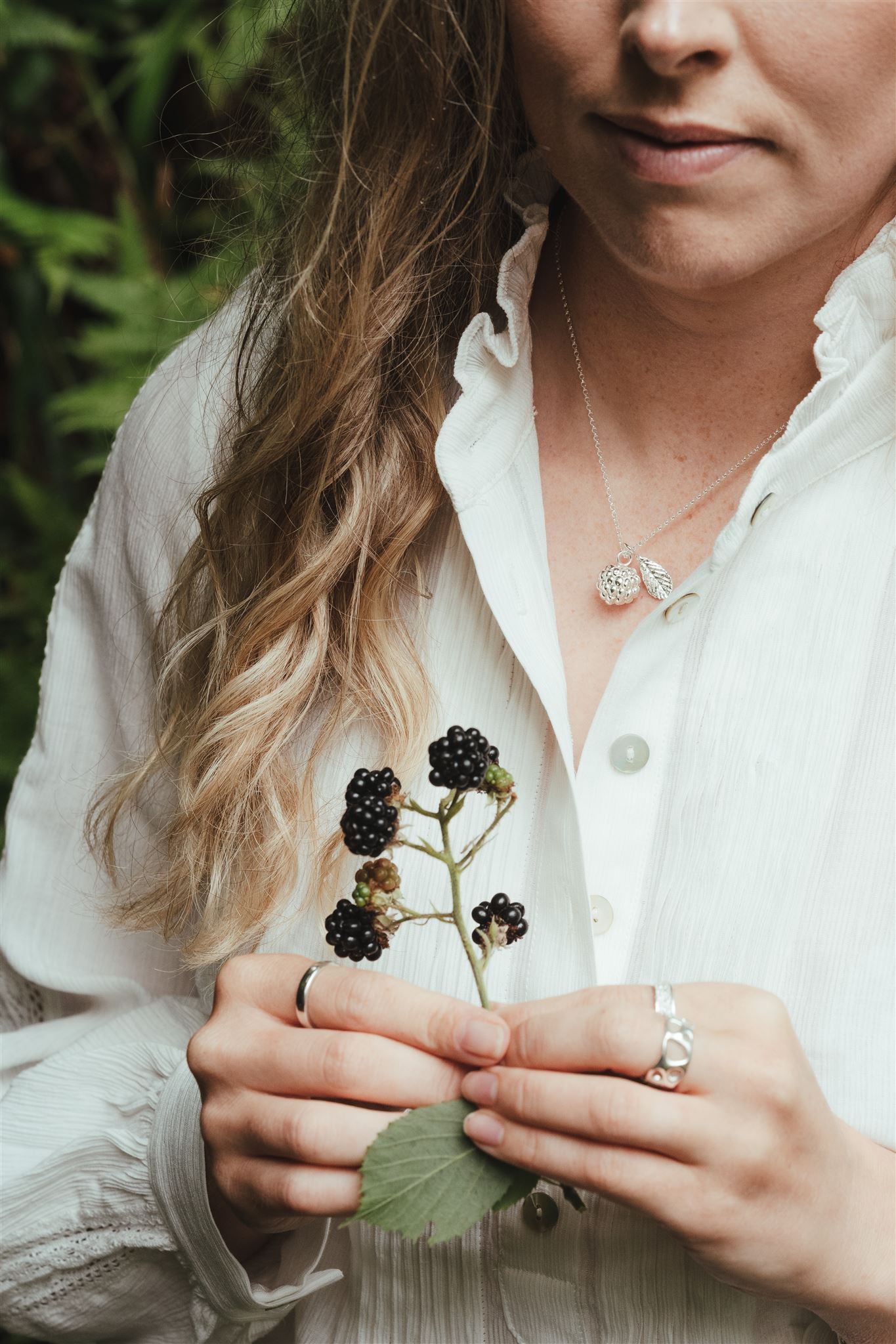 Sterling Silver Blackberry and Leaf Charm Necklace