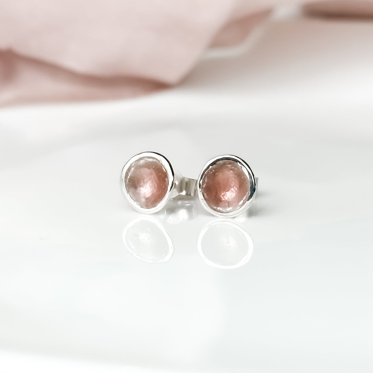 'Blossom' Pink Enamel Silver Droplet Stud Earrings