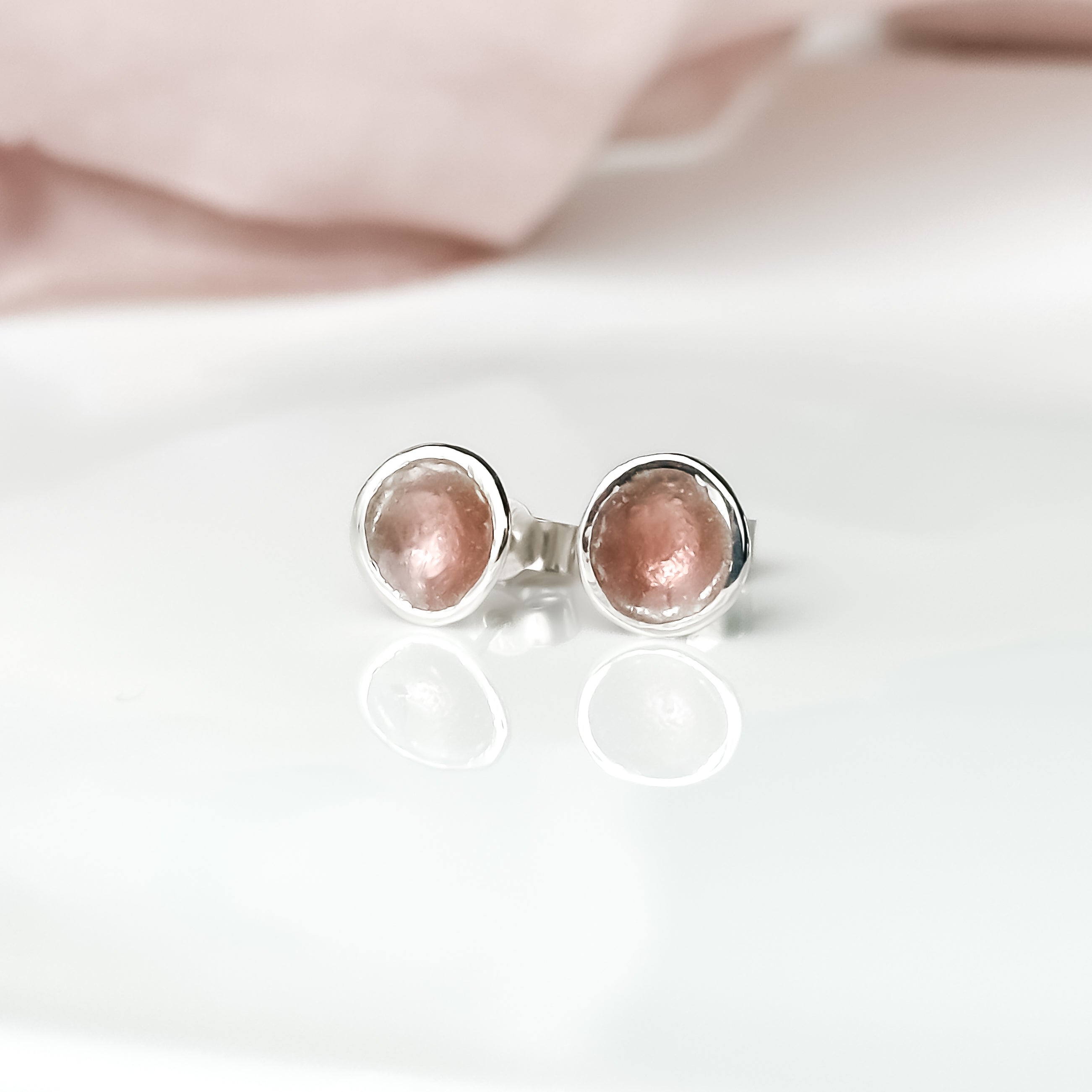 'Blossom' Pink Enamel Silver Droplet Stud Earrings