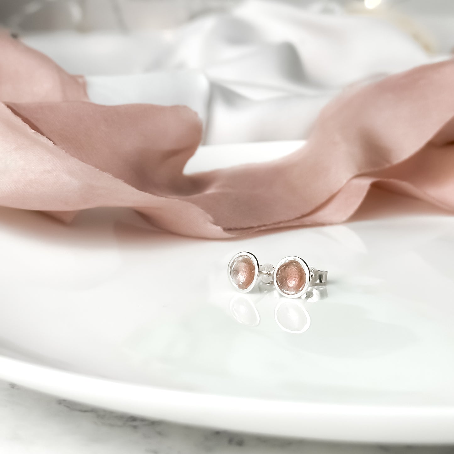 'Blossom' Pink Enamel Silver Droplet Stud Earrings
