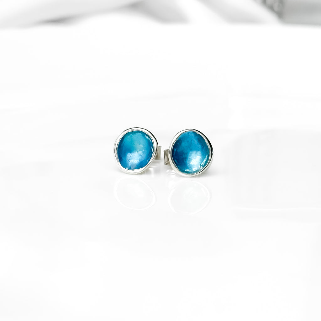 'Carrick Bay' Blue Enamel Silver Droplet Stud Earrings