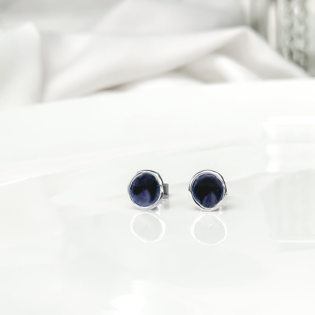 'Blackberry' Purple Enamel Silver Droplet Stud Earrings