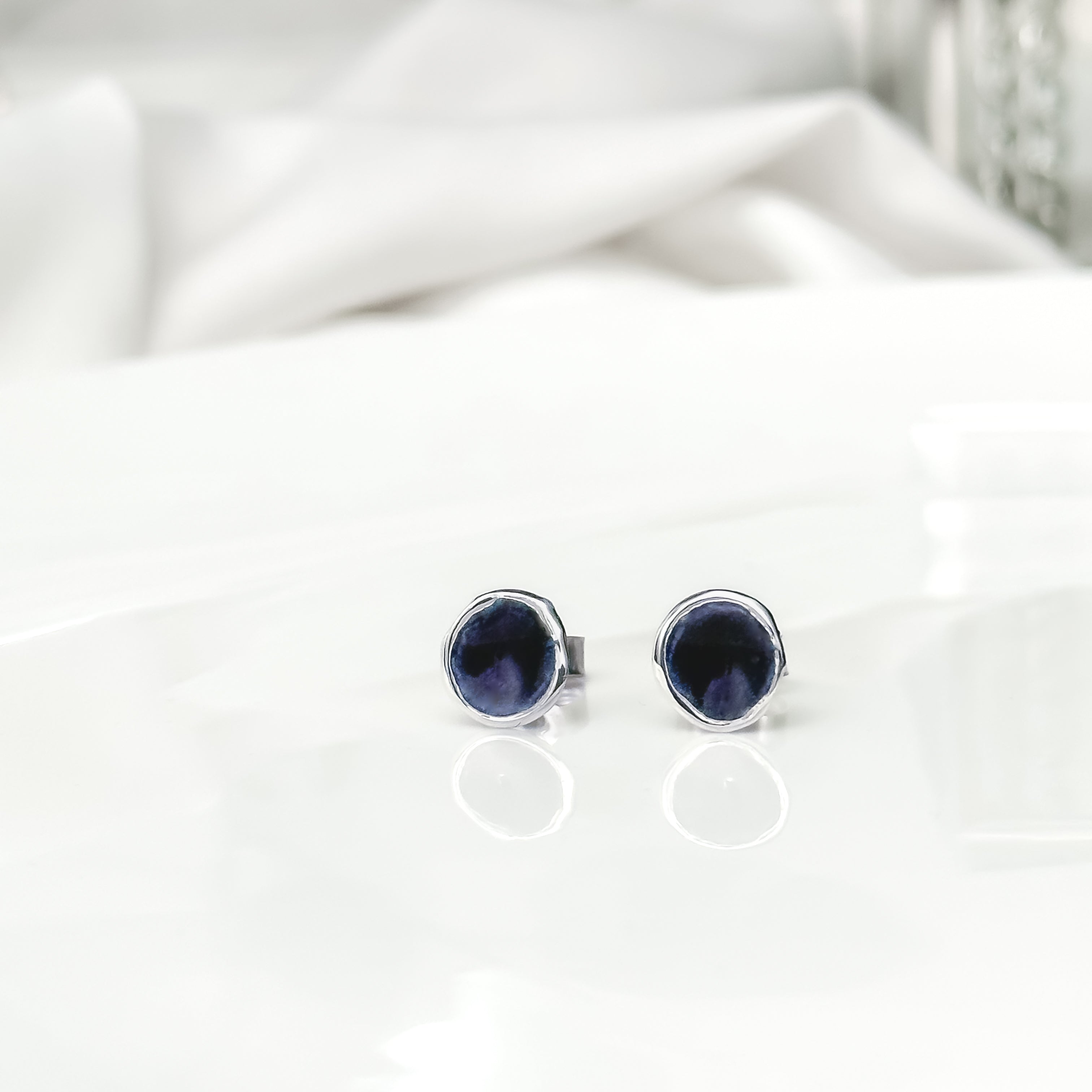 'Blackberry' Purple Enamel Silver Droplet Stud Earrings