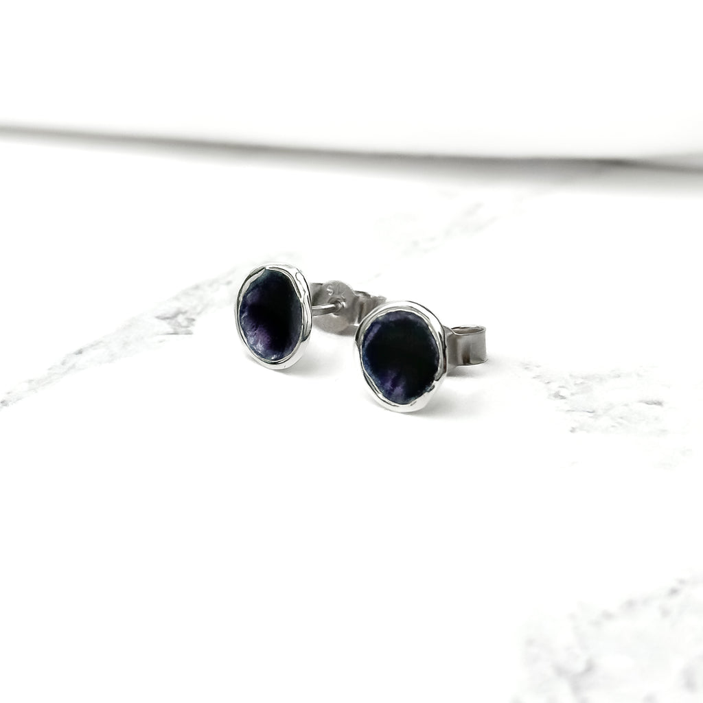 'Blackberry' Purple Enamel Silver Droplet Stud Earrings